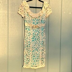Lace over silk dress BETSEY JOHNSON ivory teal